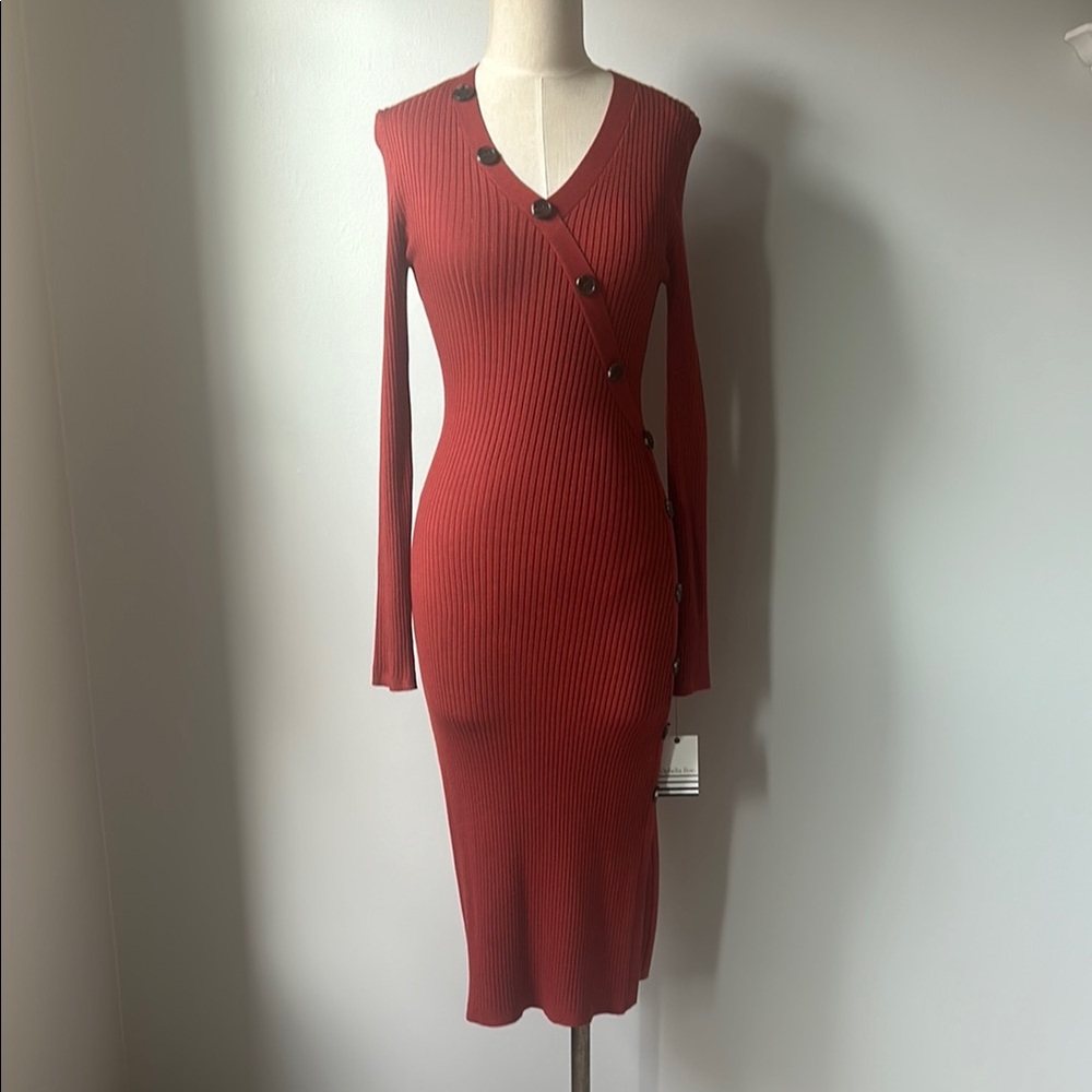 NWT Ophelia Roe Burnt Red Ribbed Sweater Dress with Button Detail, Women's Small